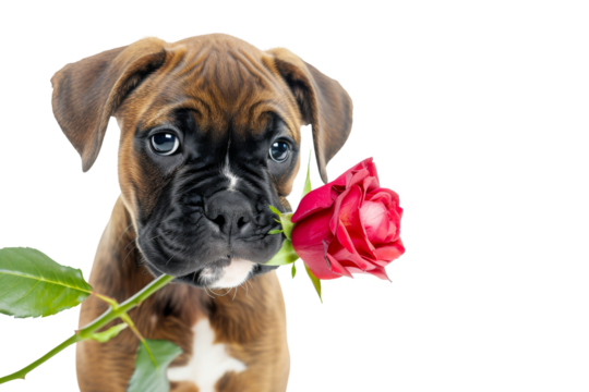 Bulldog with Red Rose Isolated on White and Png Transparent Background