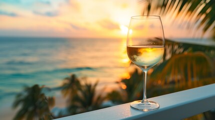 Obraz premium Closeup of a glass of wine on the balcony of a tropical resort, overlooking the ocean, generative ai