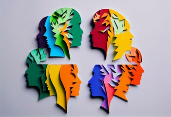 Colorful paper cutouts of person with different emotions on grey background, top view. Generative AI