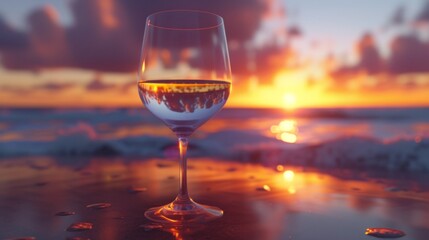 Elegant glass of wine in front of a stunning beach sunset, generative ai