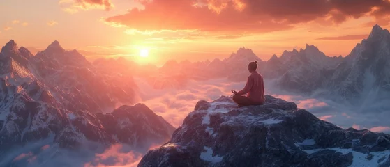 Fotobehang Person meditating atop a mountain at sunrise, embracing the tranquility and serenity of the early morning hours © David