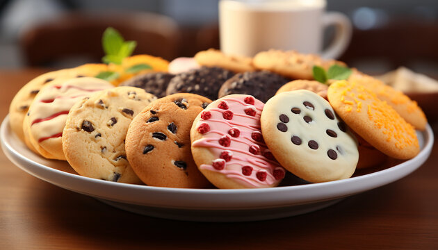 A Gourmet Dessert Chocolate Chip Cookie On Wooden Table Generated By AI