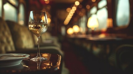 Fototapeta na wymiar Elegant glass of wine on a vintage train generative ai