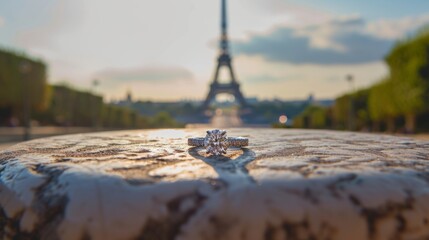 Engagement ring, on a beautiful little table, background of the Eiffel Tower, Paris generative ai