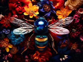 a bee surrounded by flowers