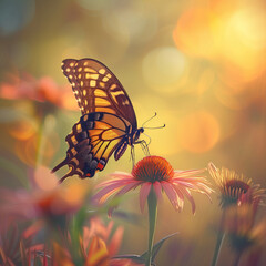 A delicate butterfly with translucent wings perched on a vibrant flower, bathed in the soft, golden light of the setting sun