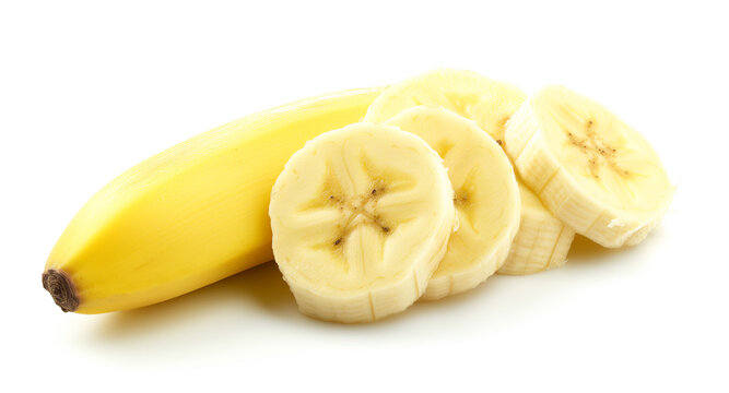 This Image Captures The Freshness And Appeal Of Ripe Bananas, With A Whole Fruit And Its Slices Beautifully Isolated Against A White Backdrop.