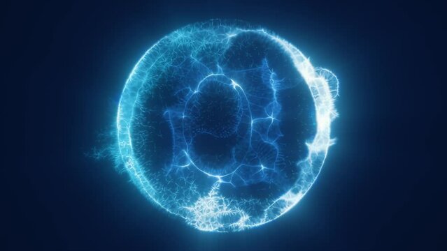 Blue energy sphere, ball of futuristic energy particles round force field. Abstract background. Video in high quality 4k, motion design