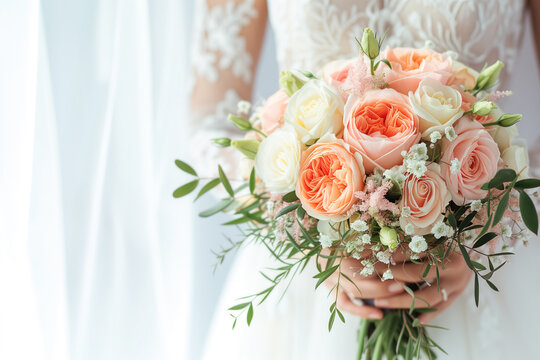 A close-up image capturing the elegance of a bride holding a vibrant bouquet of roses and assorted flowers, emphasizing the colors and emotions of the wedding day
