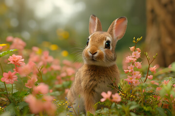 Rabbit in the meadow with spring flowers. Spring background.Sunlit Bunny Amidst Blooming Flowers