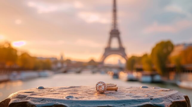 Engagement ring, on a beautiful little table, background of the Eiffel Tower, Paris generative ai