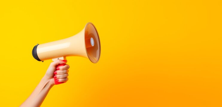 hand holding a loudspeaker on a yellow background with copy space