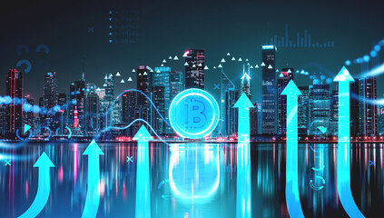Bitcoin with rising arrows and graph statistics. Ai generative illustration