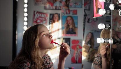Young girl putting on lipstick in her bedroom with posters of role models on her wall. If preteens and teenagers have an unhealthy body image, they might be self-critical and unhappy
