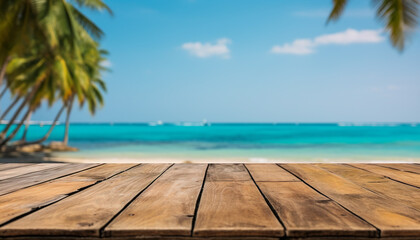 Fototapeta premium Tropical coastline, palm tree, blue water, sandy beach, tranquil paradise generated by AI
