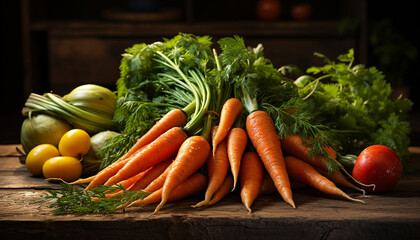 Fresh, healthy, organic vegetables on rustic wooden table generated by AI