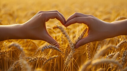 Hands forming a heart on a golden wheat field generative ai