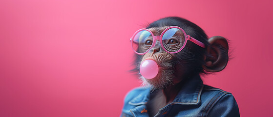 an anthropomorphic monkey in denim clothes make a bubble gum bubble, solid background, copy space - 734335952