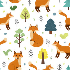 Cute fox seamless pattern. Funny woodland character in cartoon style background. Forest animal print for kids. Vector illustration