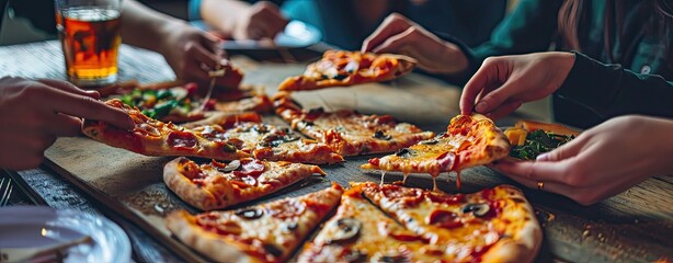 Group of friends eating pizza together, home party