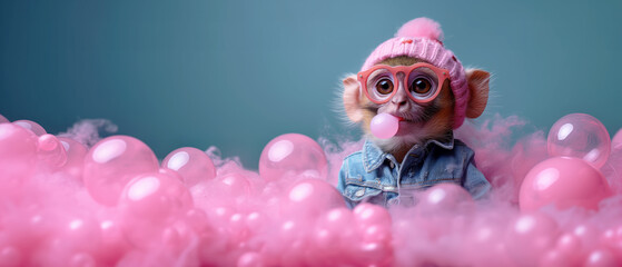 an anthropomorphic monkey in denim clothes make a bubble gum bubble, solid background, copy space - obrazy, fototapety, plakaty