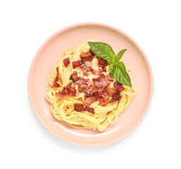 Plate with tasty pasta carbonara on white background