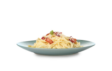 Plate with tasty pasta carbonara on white background