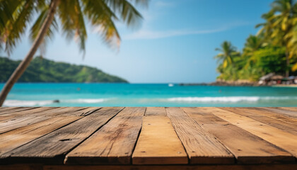 Tropical coastline, palm trees, blue water, summer vacations, relaxation generated by AI