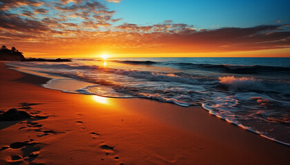 Sunset over the tranquil coastline, reflecting golden beauty in nature generated by AI