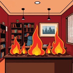 Interior of a business office room on fire, vector clipart illustration