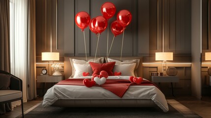 Modern luxurious hotel room, decorated with balloons and chocolates, generative ai