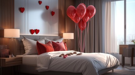 Modern luxurious hotel room, decorated with balloons and chocolates, generative ai