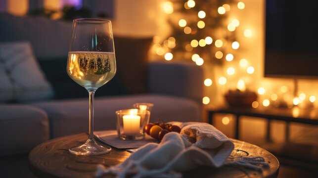 Romantic atmosphere with a glass of wine, generative ai