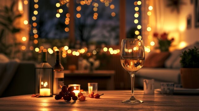 Romantic atmosphere with a glass of wine, generative ai