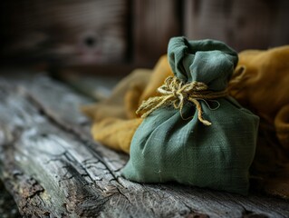 a green sack with a yellow string on a wood surface