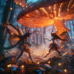 3D render of a fierce fairy fight amidst a stunning landscape of glowing mushrooms