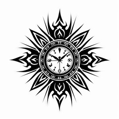 Clock / Time Tribal Vector Monochrome Silhouette Illustration Isolated on White Background - Tattoo - Clipart - Logo - Graphic Design Element

