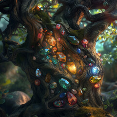 An array of precious magical ores embedded in the heart of a mythical tree in a fantasy forest