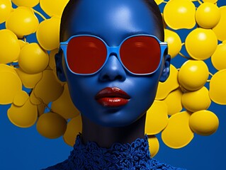 a woman with blue face and red sunglasses