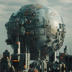 Planet Earth reimagined as a mega cybernetic structure with detailed 3D rendering