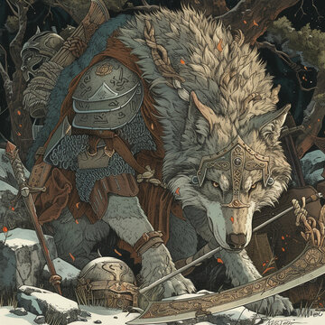 Intricately detailed cartoon scene featuring a wolf with Viking armors