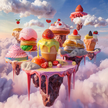 Imagine a 3D render of floating islands made of different foods and candies in a dreamy sky