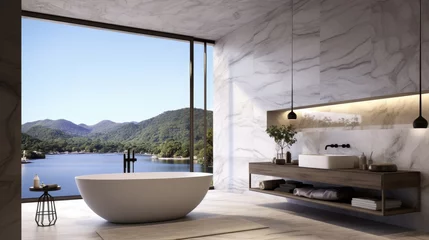 Foto op Canvas Contemporary bathroom in white marble with bath, panoramic sea view concept quiet luxury, banner © Anzhela