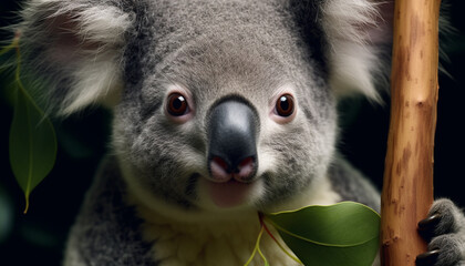 Obraz premium Cute koala sitting on branch, looking at camera in nature generated by AI