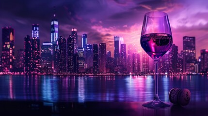 Glass of wine against city skyline at night generative ai
