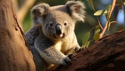 Cute koala sitting on eucalyptus tree, looking at camera generated by AI