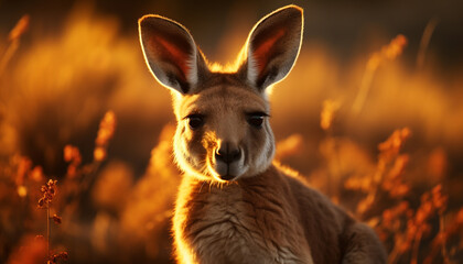 Cute rabbit looking at camera in grassy meadow at sunset generated by AI