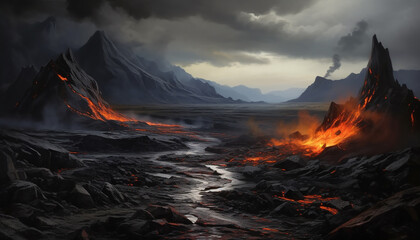 Burning mountain erupts, flames engulf nature landscape, danger surrounds generated by AI
