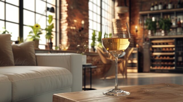 Glass of wine in a contemporary urban loft, surrounded by modern decor, generative ai