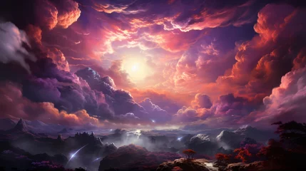 Fotobehang Whimsical landscape with glowing sunset over mystical mountains and dramatic vibrant clouds. Concept of fantasy dreamscape, surreal nature, celestial beauty, alien fantasy worlds, calmness © Jafree